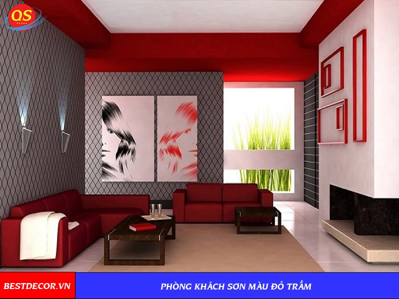 Phòng khách sơn màu đỏ trầm