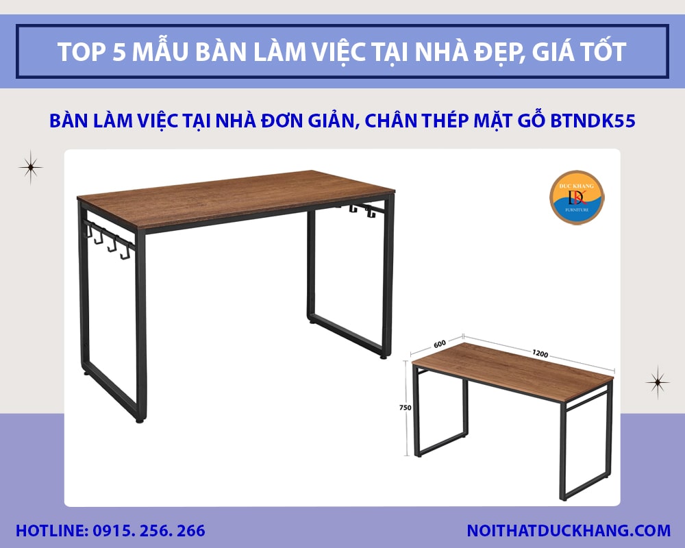Bàn làm việc tại nhà đơn giản, chân thép mặt gỗ BTNDK55