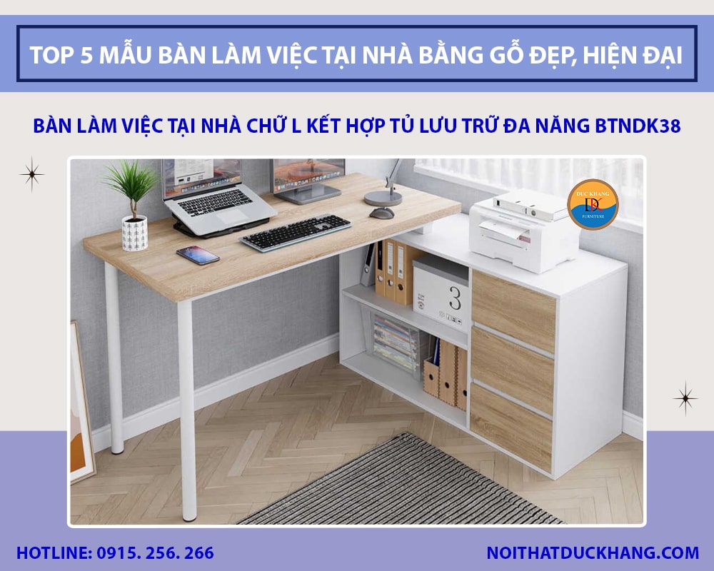Bàn làm việc tại nhà chữ L kết hợp tủ lưu trữ đa năng BTNDK38 Bàn làm việc tại nhà chữ L kết hợp tủ lưu trữ đa năng BTNDK38