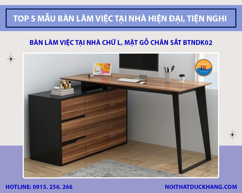 Bàn làm việc tại nhà chữ L, mặt gỗ chân sắt BTNDK02 Bàn làm việc tại nhà chữ L, mặt gỗ chân sắt BTNDK02