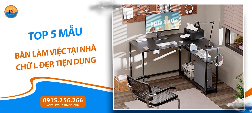 Bàn làm việc tại nhà chữ L, kệ lưu trữ đảo ngược, chân thép BTNDK15