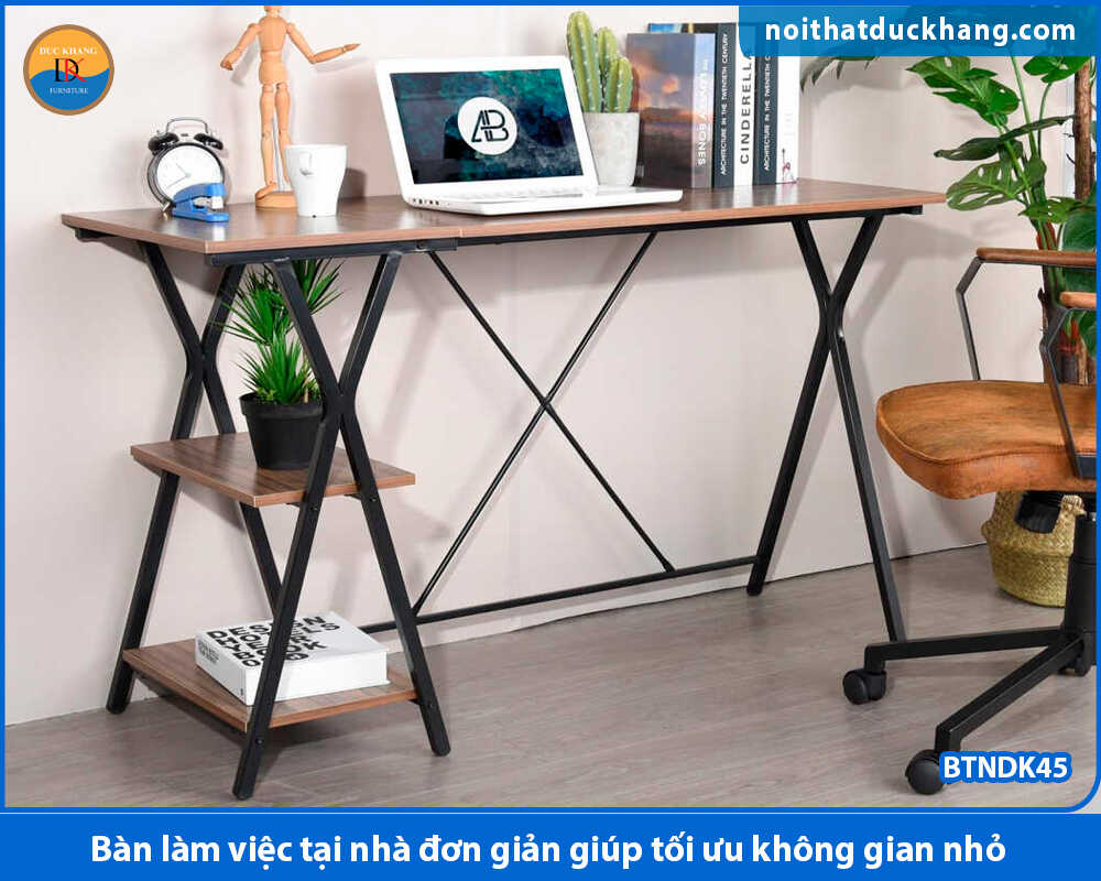 Bàn làm việc tại nhà nhỏ gọn, chân chữ X tích hợp kệ decor – BTNDK45 Bàn làm việc tại nhà nhỏ gọn, chân chữ X tích hợp kệ decor – BTNDK45