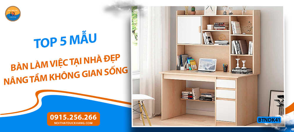 Bàn làm việc tại nhà đẹp bằng gỗ có hộc tủ, giá sách tiện lợi BTNDK41 Bàn làm việc tại nhà đẹp bằng gỗ có hộc tủ, giá sách tiện lợi BTNDK41